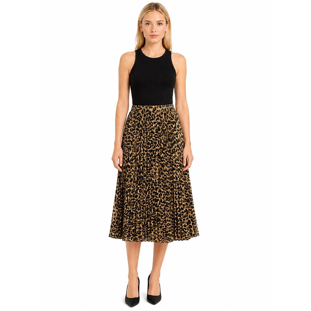 Halogen Leopard Print Pleated Midi Skirt Women L Elastic Waist Office Chic